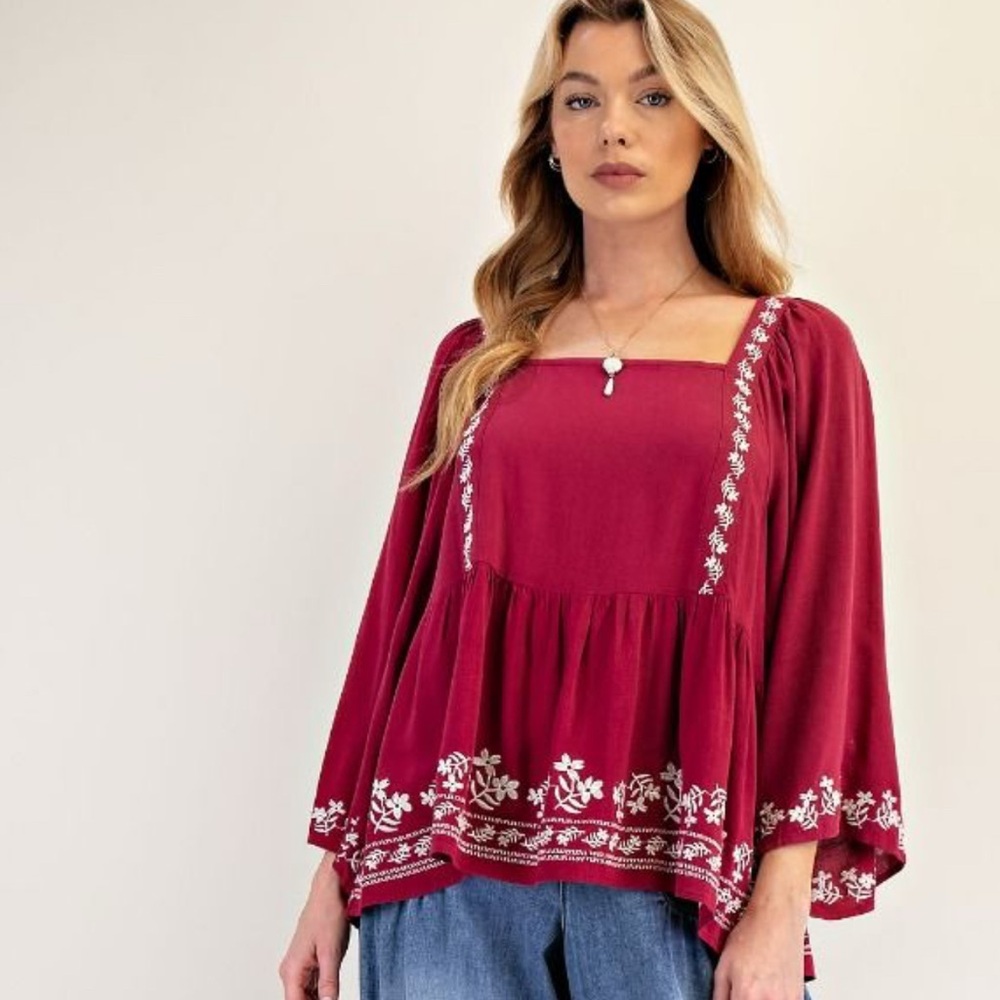 Easel Wine Colored Floral Embroidered Blouse